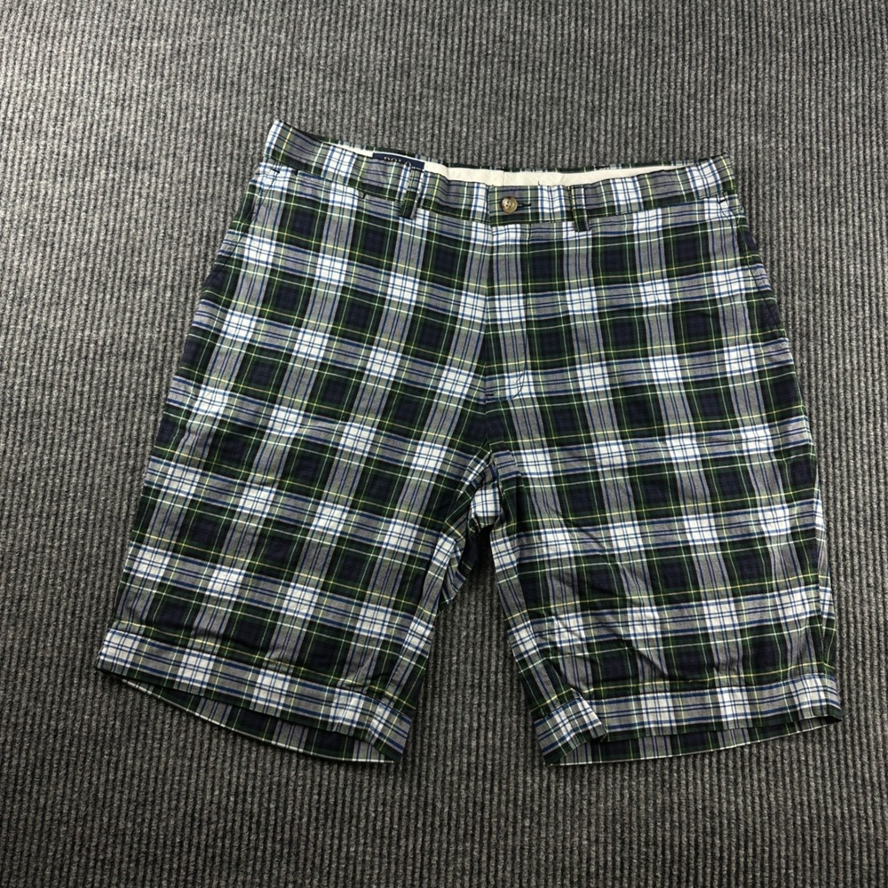Polo Ralph Lauren Mens Plaid Shorts Green Navy White Cotton Size 36 Flat Front